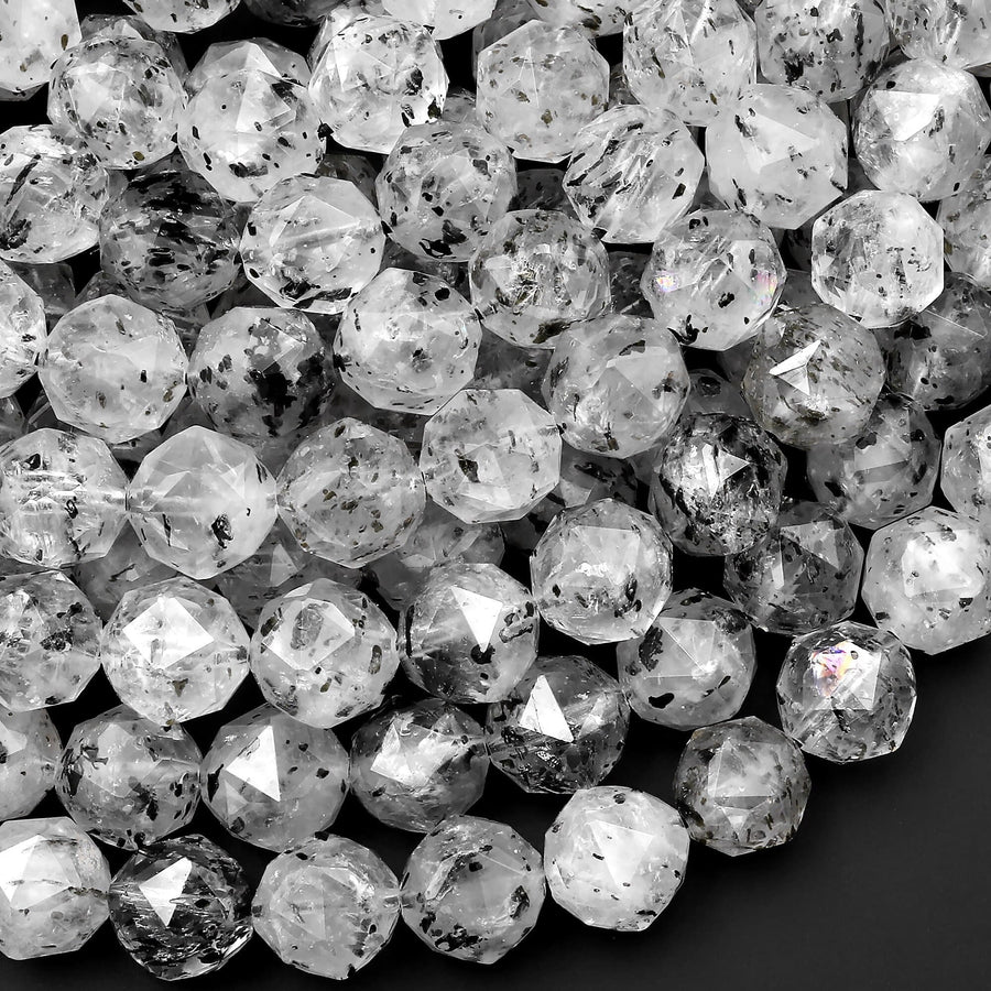 AAA Translucent Faceted Natural Black Mica In Tourmaline Quartz 10mm Round Beads Double Hearted Star Cut 15.5" Strand