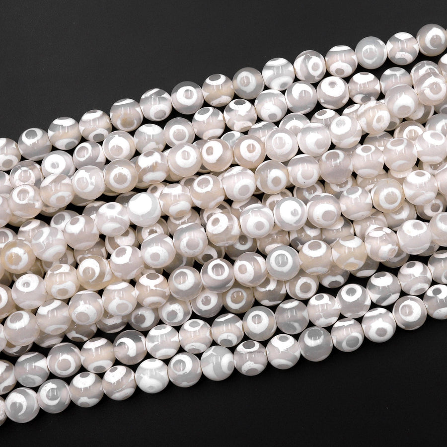 White Tibetan Agate 6mm 8mm Round Beads Dzi Agate Brown Etched Eye Mala Antique Boho Beads 15.5" Strand