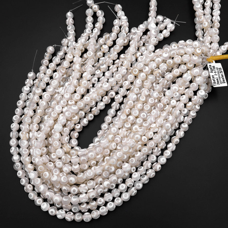 White Tibetan Agate 6mm 8mm Round Beads Dzi Agate Brown Etched Eye Mala Antique Boho Beads 15.5" Strand