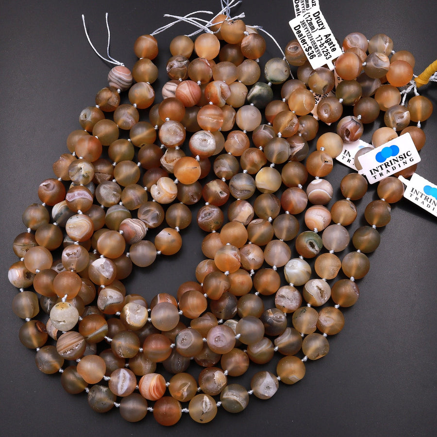 Rare Matte Natural Honey Golden Druzy Agate 12mm 14mm Round Beads With Sparkling White Quartz Druzy Crystal Cave 15.5" Strand