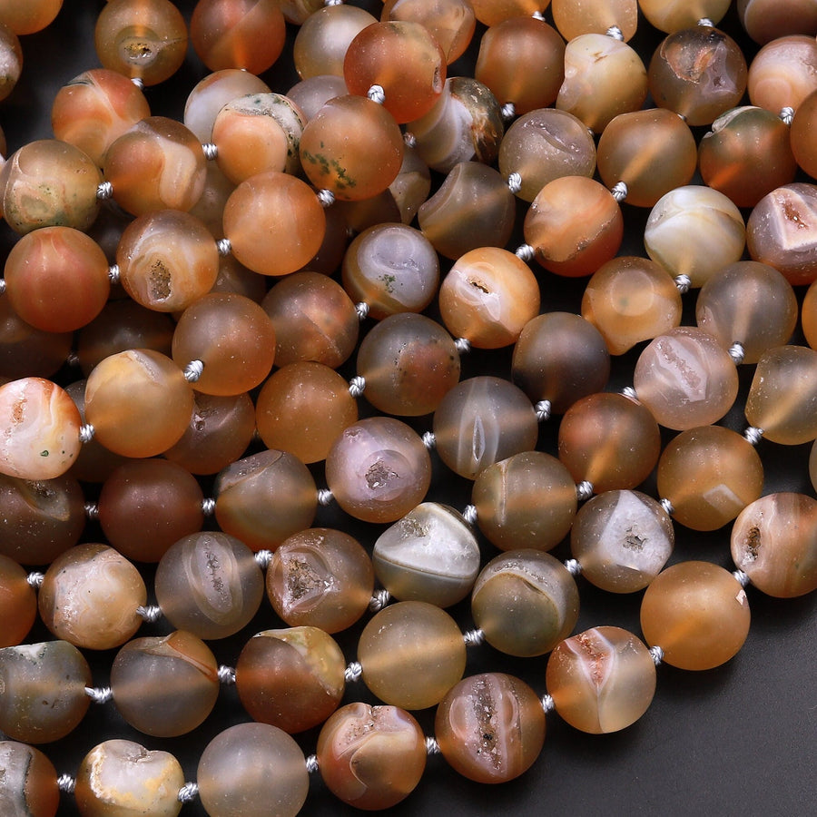 Rare Matte Natural Honey Golden Druzy Agate 12mm 14mm Round Beads With Sparkling White Quartz Druzy Crystal Cave 15.5" Strand
