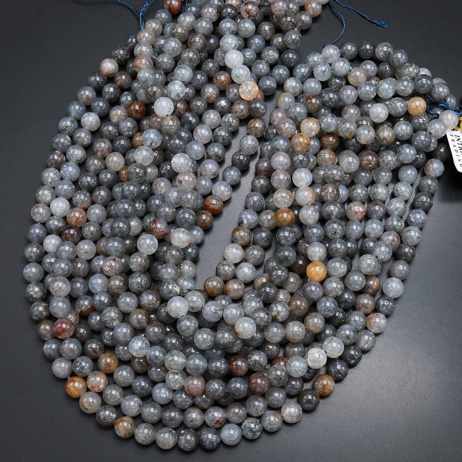 Natural Black Mica in Gray Phantom Rutile Quartz 6mm 8mm 10mm Smooth Round Beads 15.5" Strand
