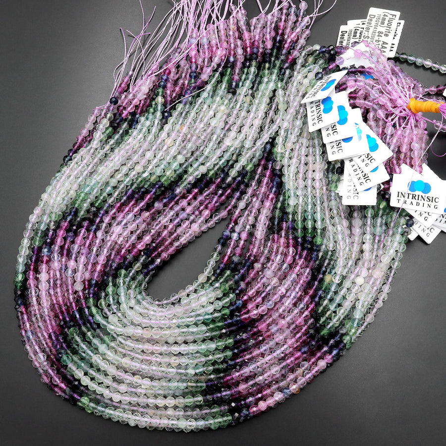 AAA Grade Gemmy Natural Fluorite Faceted 4mm Round Beads Micro Laser Cut Pink  Purple Green Gemstone Bead 15.5" Strand