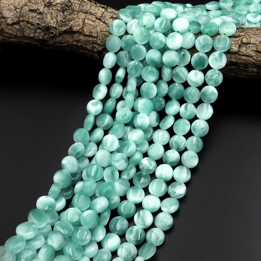 Chatoyant Green Moonstone Coin Beads 6mm 8mm 10mm 12mm Aka "Green Larimar" 15.5" Strand