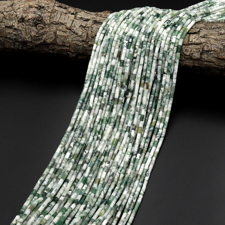 Natural Green Tree Agate 4x2mm Small Thin Smooth Spacer Tube Beads 15.5" Strand