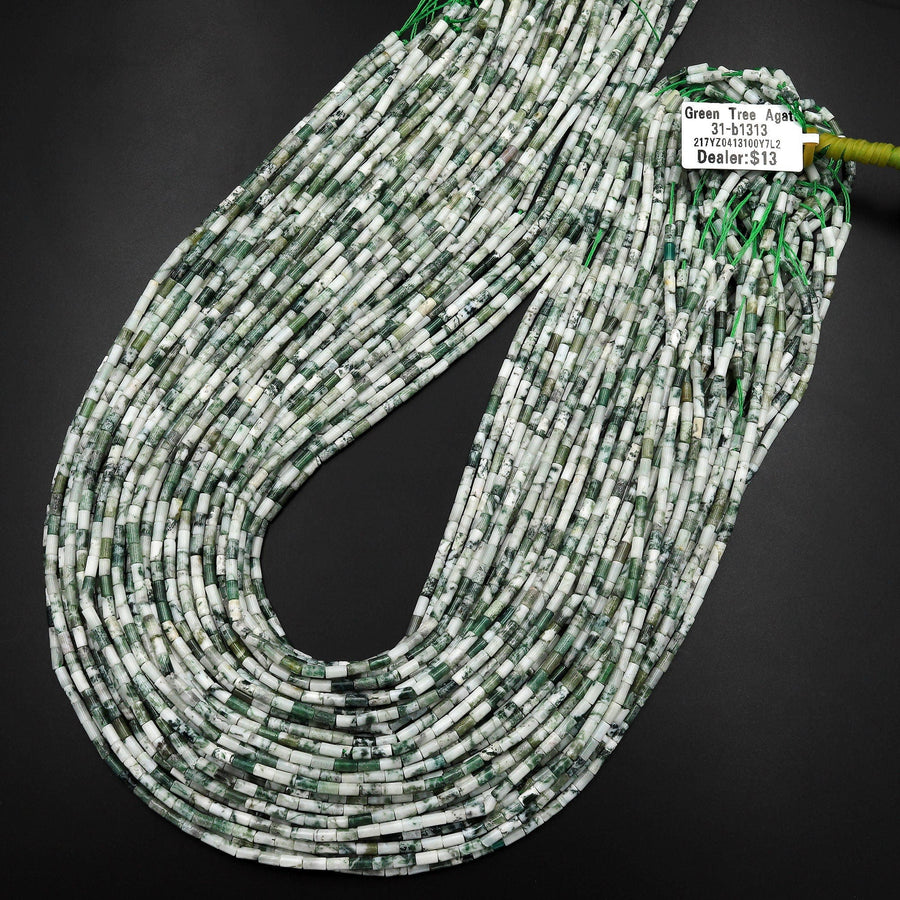 Natural Green Tree Agate 4x2mm Small Thin Smooth Spacer Tube Beads 15.5" Strand