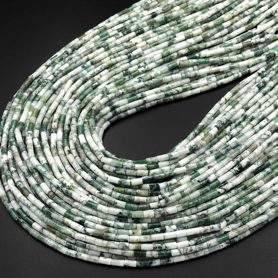 Natural Green Tree Agate 4x2mm Small Thin Smooth Spacer Tube Beads 15.5" Strand