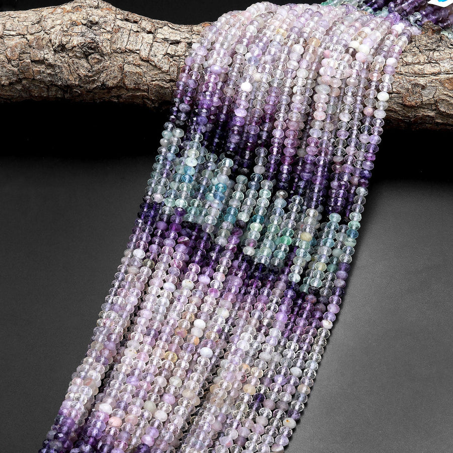 AAA Natural Multicolor Fluorite Faceted 4mm Rondelle Beads Micro Laser Cut Soft Purple Green Gemstone Bead 15.5" Strand