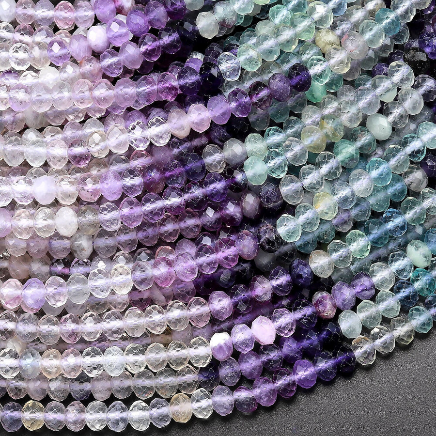 AAA Natural Multicolor Fluorite Faceted 4mm Rondelle Beads Micro Laser Cut Soft Purple Green Gemstone Bead 15.5" Strand