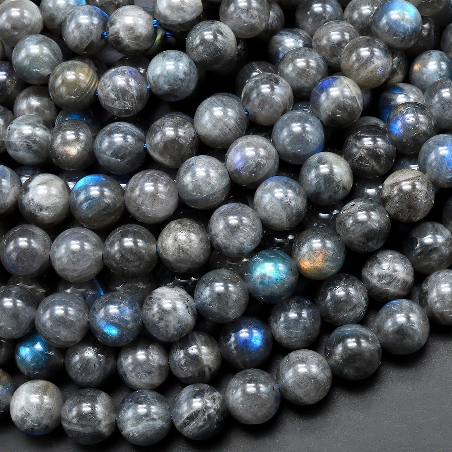 Natural Black Gray Labradorite 6mm 8mm 10mm Round Beads Blue Flashes 15.5" Strand