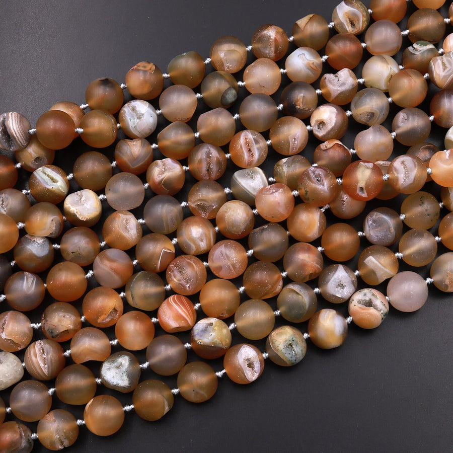 Rare Matte Natural Honey Golden Druzy Agate 12mm 14mm Round Beads With Sparkling White Quartz Druzy Crystal Cave 15.5" Strand