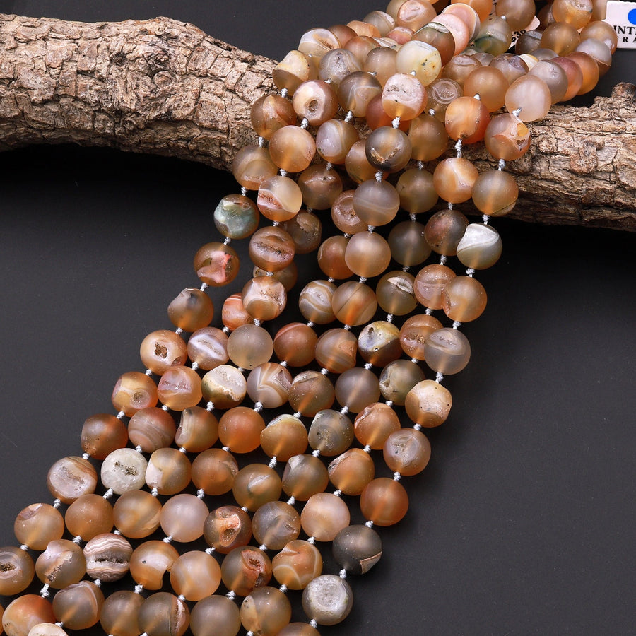 Rare Matte Natural Honey Golden Druzy Agate 12mm 14mm Round Beads With Sparkling White Quartz Druzy Crystal Cave 15.5" Strand