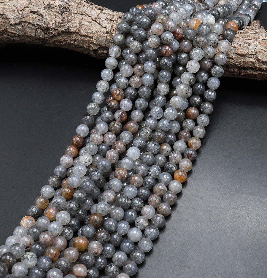 Natural Black Mica in Gray Phantom Rutile Quartz 6mm 8mm 10mm Smooth Round Beads 15.5" Strand
