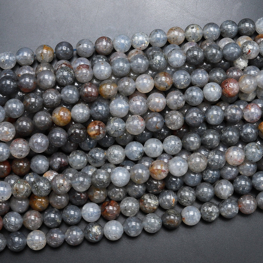 Natural Black Mica in Gray Phantom Rutile Quartz 6mm 8mm 10mm Smooth Round Beads 15.5" Strand