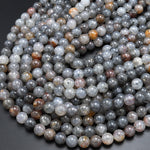 Natural Black Mica in Gray Phantom Rutile Quartz 6mm 8mm 10mm Smooth Round Beads 15.5" Strand