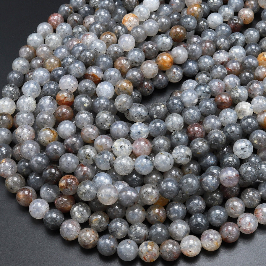 Natural Black Mica in Gray Phantom Rutile Quartz 6mm 8mm 10mm Smooth Round Beads 15.5" Strand