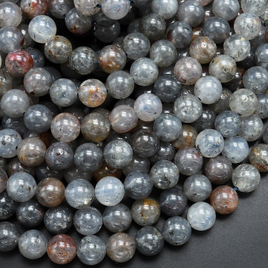 Natural Black Mica in Gray Phantom Rutile Quartz 6mm 8mm 10mm Smooth Round Beads 15.5" Strand