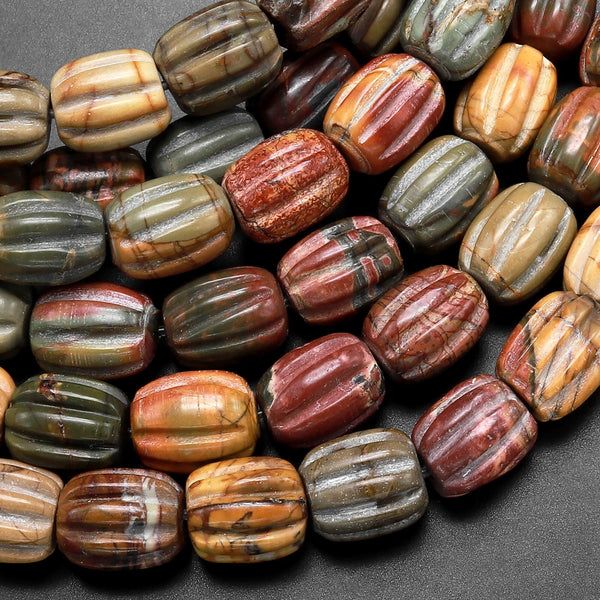 Red Creek Jasper Beads Hand Carved Melon Drum Tube Red Green Yellow Brown Natural Cherry Creek Multi-color Picasso Jasper 15.5" Strand