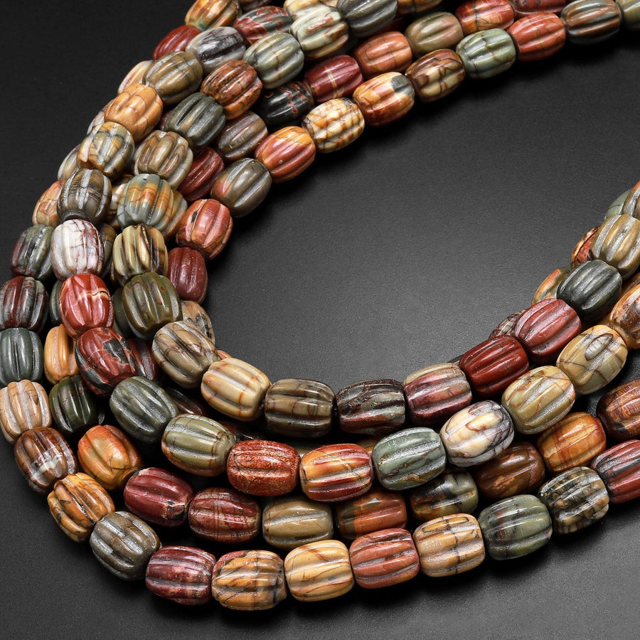 Red Creek Jasper Beads Hand Carved Melon Drum Tube Red Green Yellow Brown Natural Cherry Creek Multi-color Picasso Jasper 15.5" Strand