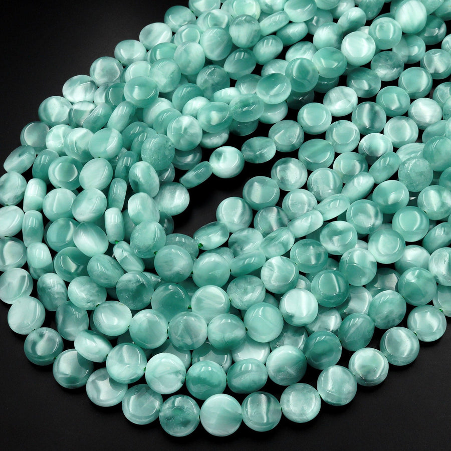 Chatoyant Green Moonstone Coin Beads 6mm 8mm 10mm 12mm Aka "Green Larimar" 15.5" Strand