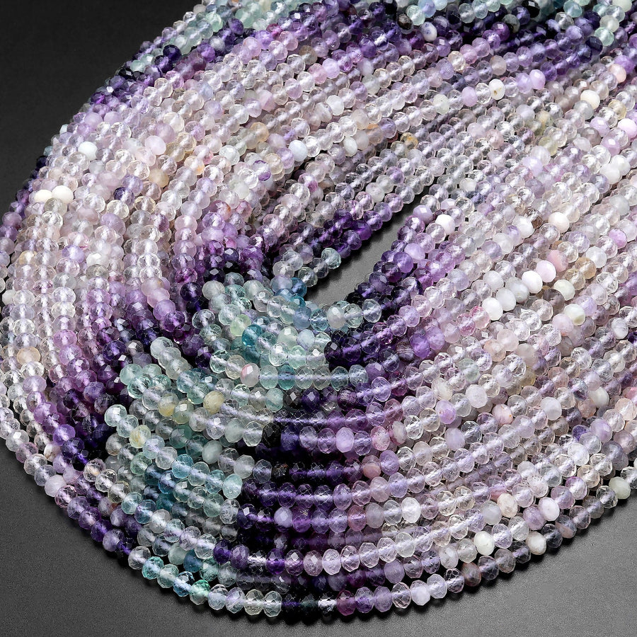 AAA Natural Multicolor Fluorite Faceted 4mm Rondelle Beads Micro Laser Cut Soft Purple Green Gemstone Bead 15.5" Strand