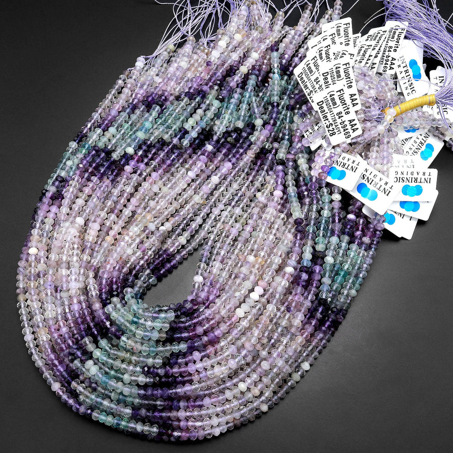 AAA Natural Multicolor Fluorite Faceted 4mm Rondelle Beads Micro Laser Cut Soft Purple Green Gemstone Bead 15.5" Strand
