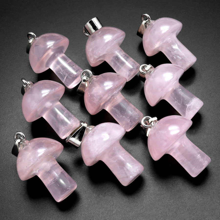 AAA Natural Pink Rose Quartz Gemstone Mushroom Pendant Natural Crystal Focal Bead