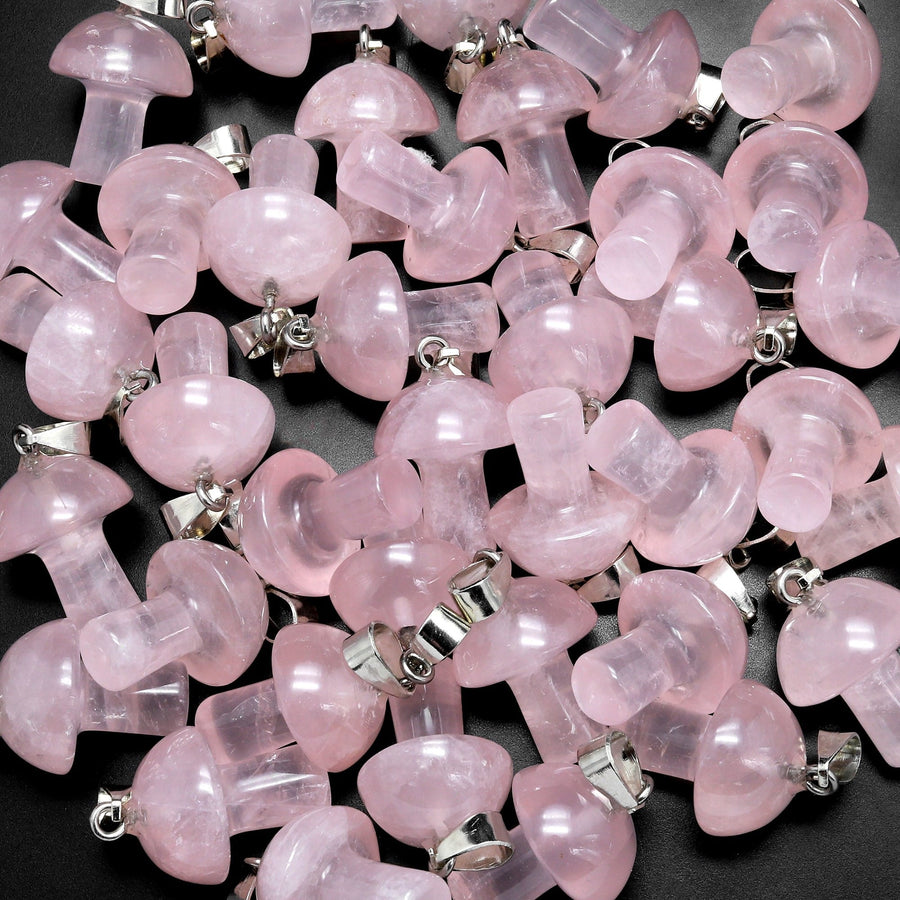 AAA Natural Pink Rose Quartz Gemstone Mushroom Pendant Natural Crystal Focal Bead