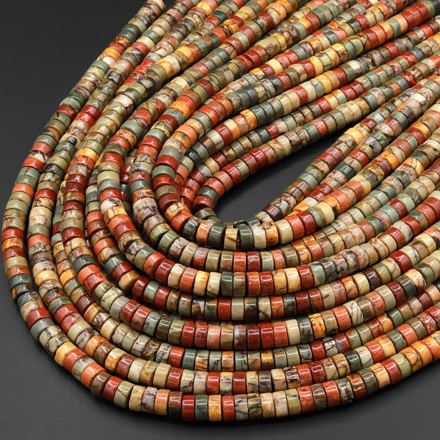 AAA Natural Red Creek Jasper Beads 4mm 6mm 8mm Heishi Rondelle Disc Aka Multicolor Picasso Jasper 15.5" Strand