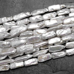 Long Slim Natural White Biwa Rectangle Pearl Freshwater 15.5" Strand