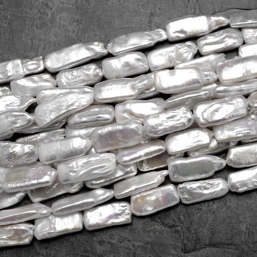 Long Slim Natural White Biwa Rectangle Pearl Freshwater 15.5" Strand