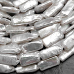 Long Slim Natural White Biwa Rectangle Pearl Freshwater 15.5" Strand