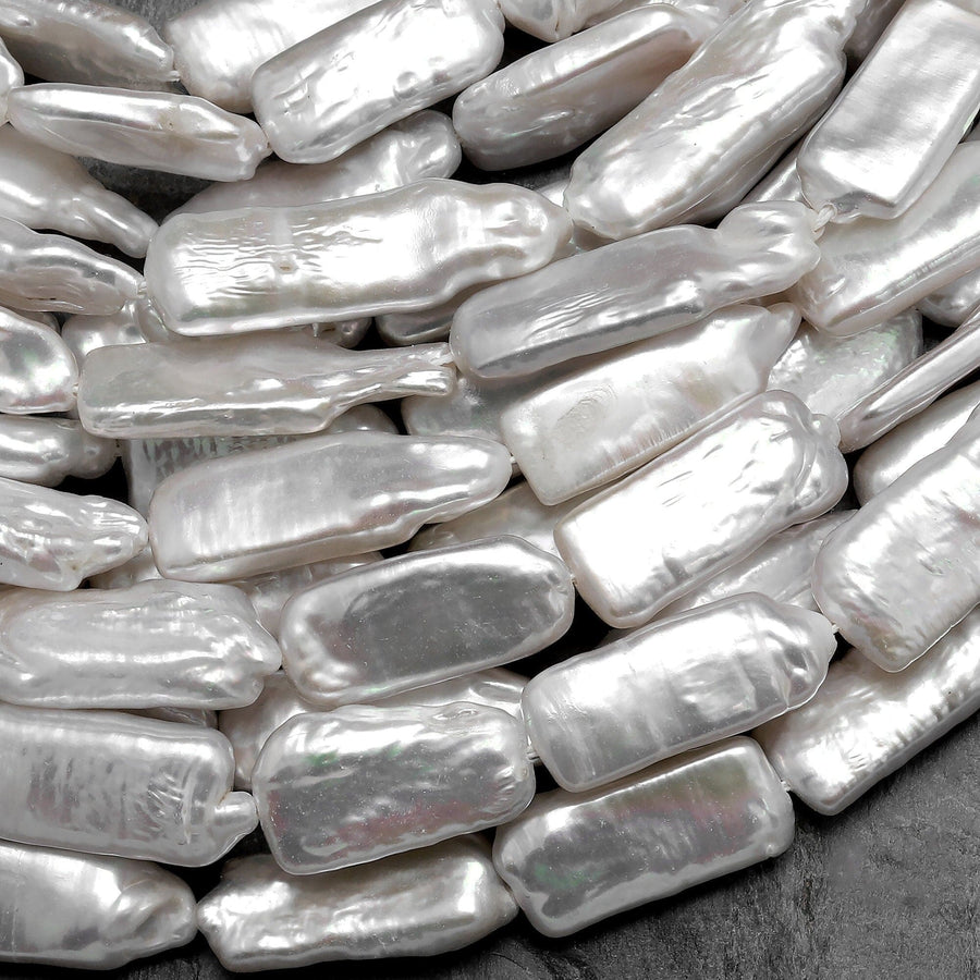 Long Slim Natural White Biwa Rectangle Pearl Freshwater 15.5" Strand