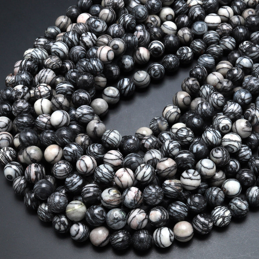 Natural Black Spider Web Jasper Round Beads 4mm 6mm 8mm 10mm 15.5" Strand