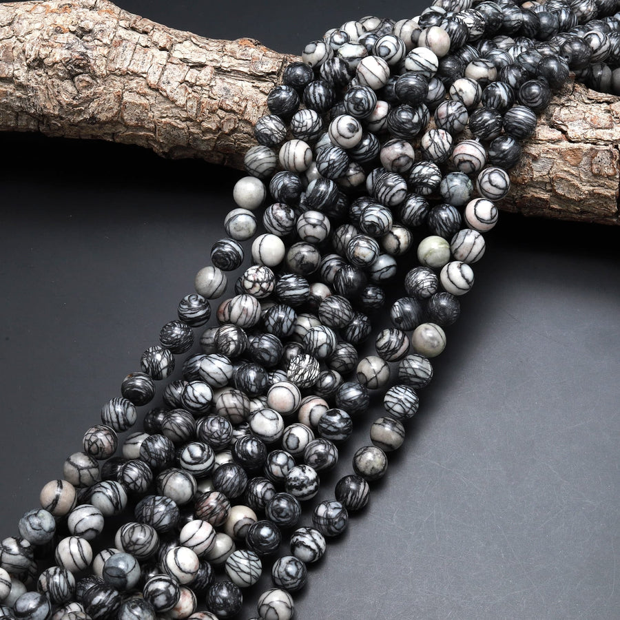 Natural Black Spider Web Jasper Round Beads 4mm 6mm 8mm 10mm 15.5" Strand