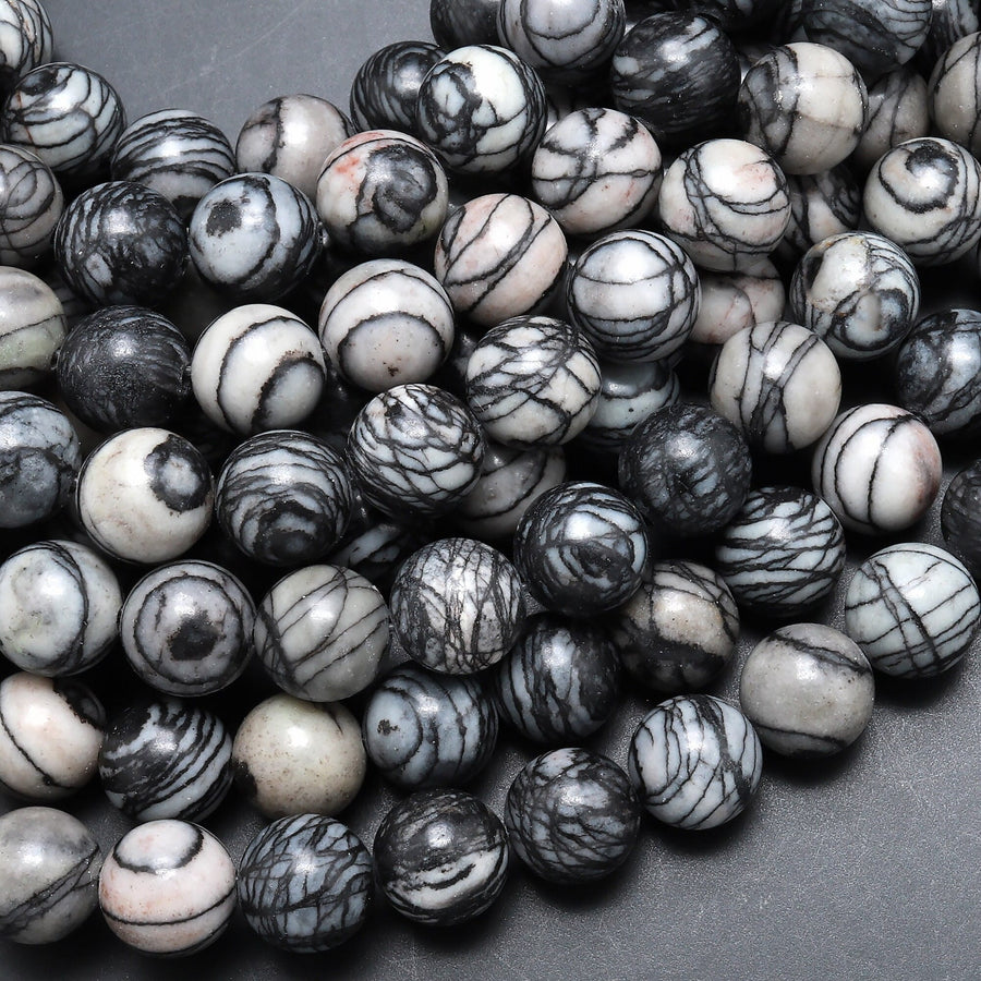 Natural Black Spider Web Jasper Round Beads 4mm 6mm 8mm 10mm 15.5