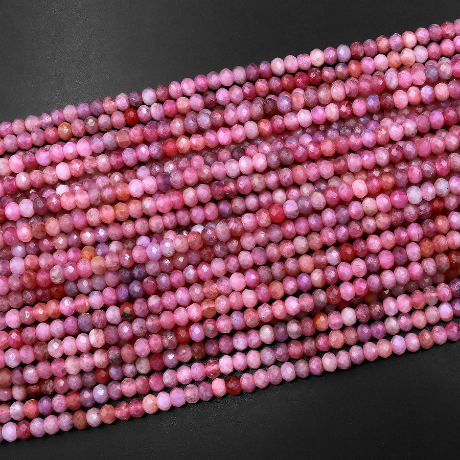 AA Real Genuine Natural Pink Ruby Gemstone Faceted 3mm 4mm Rondelle Beads 15.5" Strand