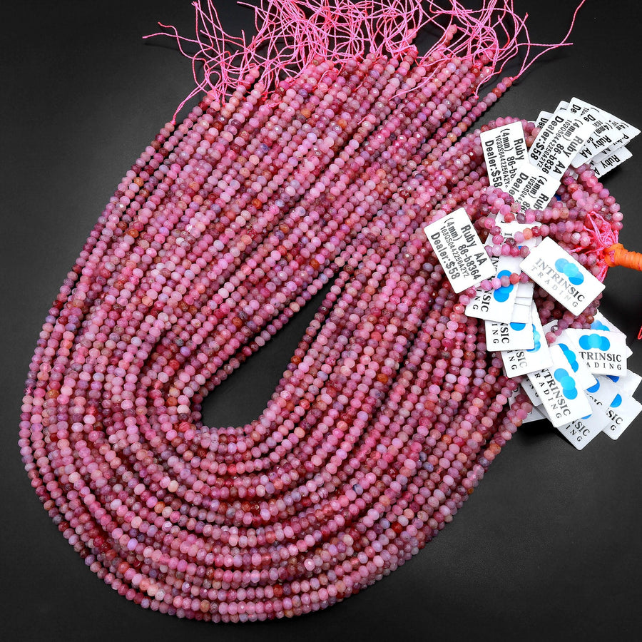 AA Real Genuine Natural Pink Ruby Gemstone Faceted 3mm 4mm Rondelle Beads 15.5" Strand