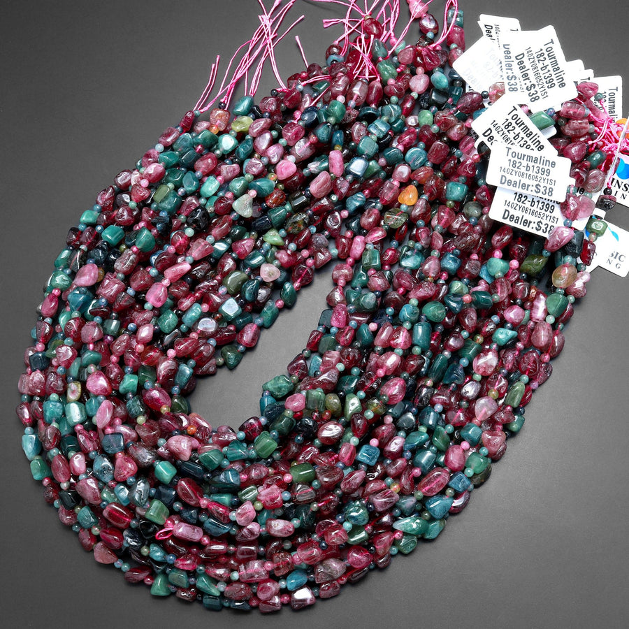 Natural Pink Tourmaline Blue Indicolite Freeform Pebble Nugget Beads Gemstone 15.5" Strand