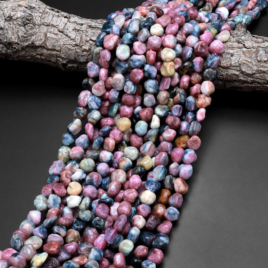 Natural Pink Blue Paraiba Tourmaline Freeform Pebble Nugget Beads Gemstone 15.5" Strand