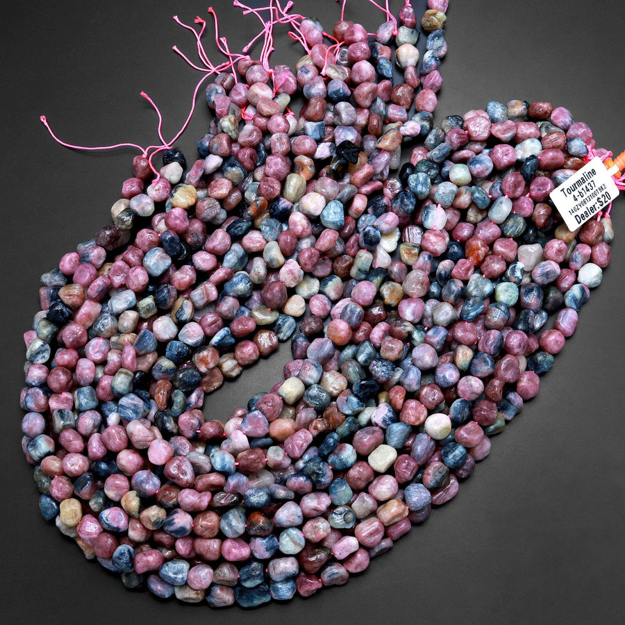 Natural Pink Blue Paraiba Tourmaline Freeform Pebble Nugget Beads Gemstone 15.5" Strand