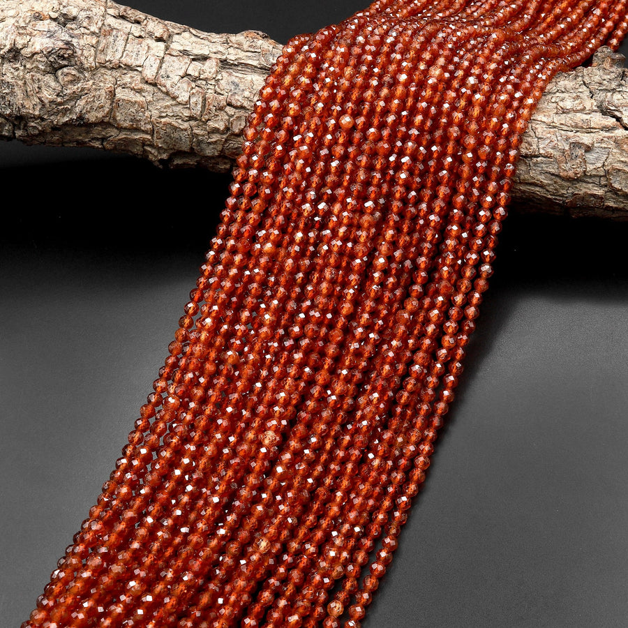 AAA Natural Orange Hessonite Garnet Faceted 2mm 3mm 4mm Round Beads Micro Diamond Cut Gemstone 15.5" Strand