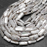 Long Slim Natural White Biwa Rectangle Pearl Freshwater 15.5" Strand