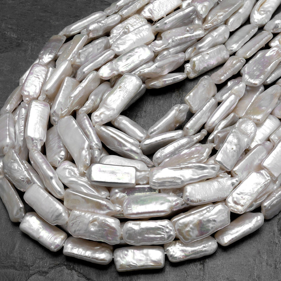 Long Slim Natural White Biwa Rectangle Pearl Freshwater 15.5" Strand