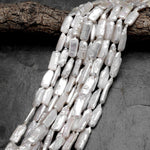 Long Slim Natural White Biwa Rectangle Pearl Freshwater 15.5" Strand