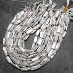 Long Slim Natural White Biwa Rectangle Pearl Freshwater 15.5" Strand