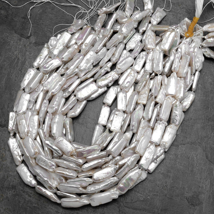 Long Slim Natural White Biwa Rectangle Pearl Freshwater 15.5" Strand