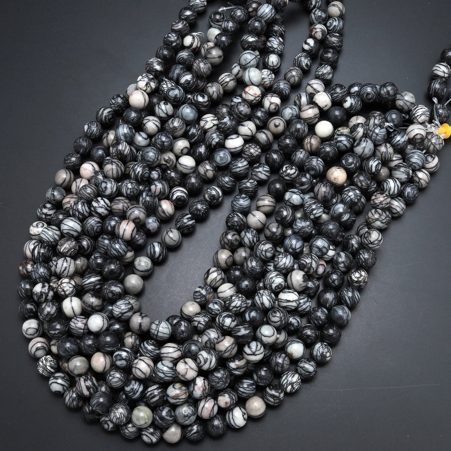 Natural Black Spider Web Jasper Round Beads 4mm 6mm 8mm 10mm 15.5