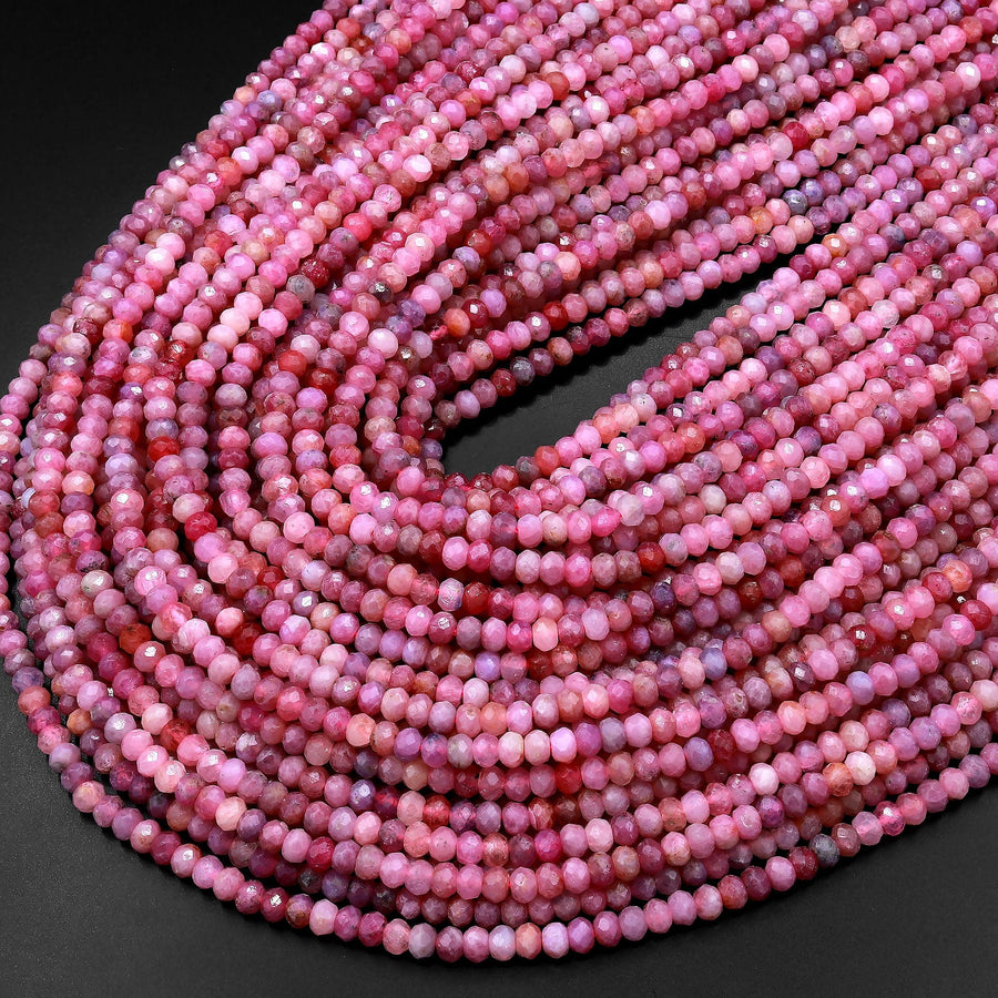 AA Real Genuine Natural Pink Ruby Gemstone Faceted 3mm 4mm Rondelle Beads 15.5" Strand