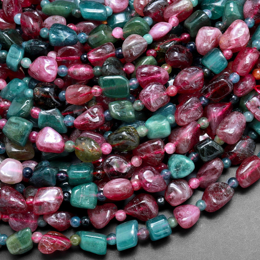 Natural Pink Tourmaline Blue Indicolite Freeform Pebble Nugget Beads Gemstone 15.5" Strand